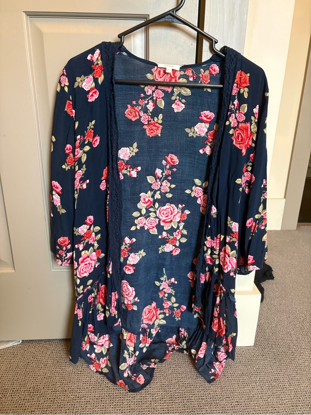 Maurices Navy Floral Open-Front Cardigan with Pink Rose Print